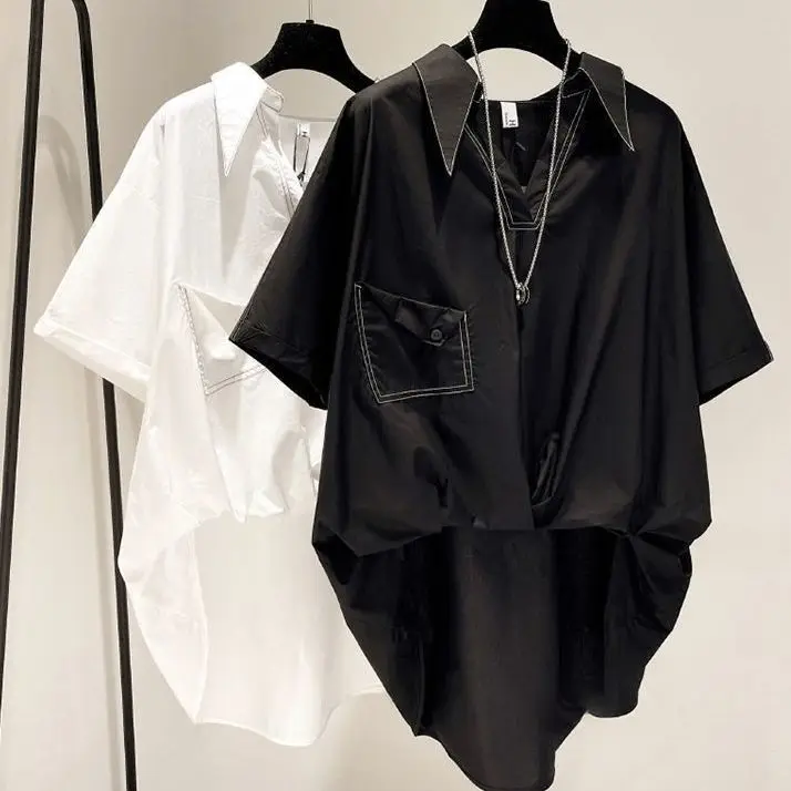 قميص أبيض متخصص للنساء في الصيف على الطراز الكوري، بلوزة رفيعة وفضفاضة بأكمام قصيرة