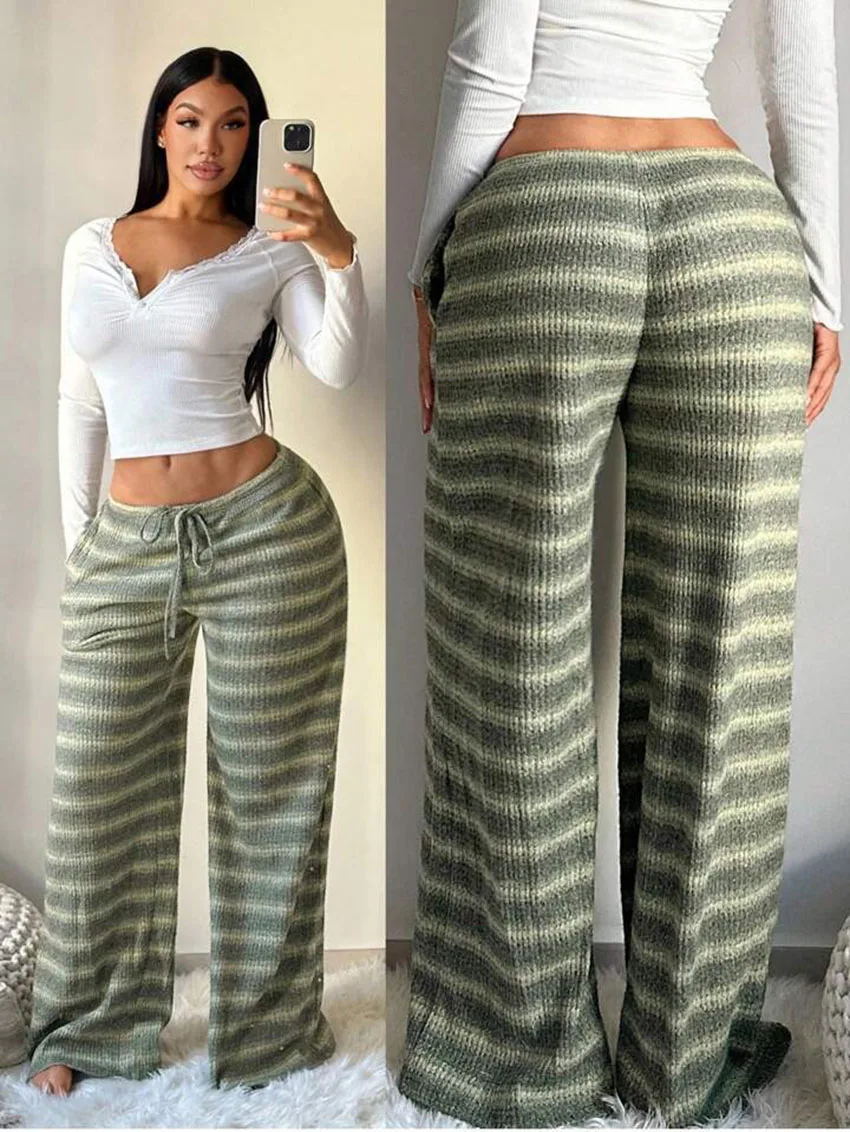 Color Stripe Wide Leg Trousers Vintage Loose Casual Pant Y2k Low-rise Drawstring Wide-leg Striped Pants