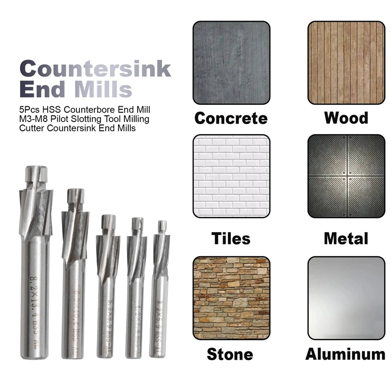 

Countersink End Mills 5Pcs HSS Counterbore End Mill M3-M8 Pilot Slotting Tool Milling Cutter Countersink End Mills