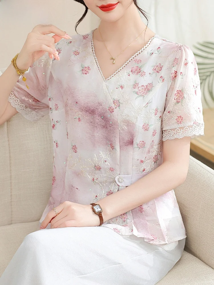 

Young Mom Summer Outfit ort Sve Chiffon Set Ele Middle Age Women's Faion Loose Fit V-Ne Floral Print Two-Piece Set