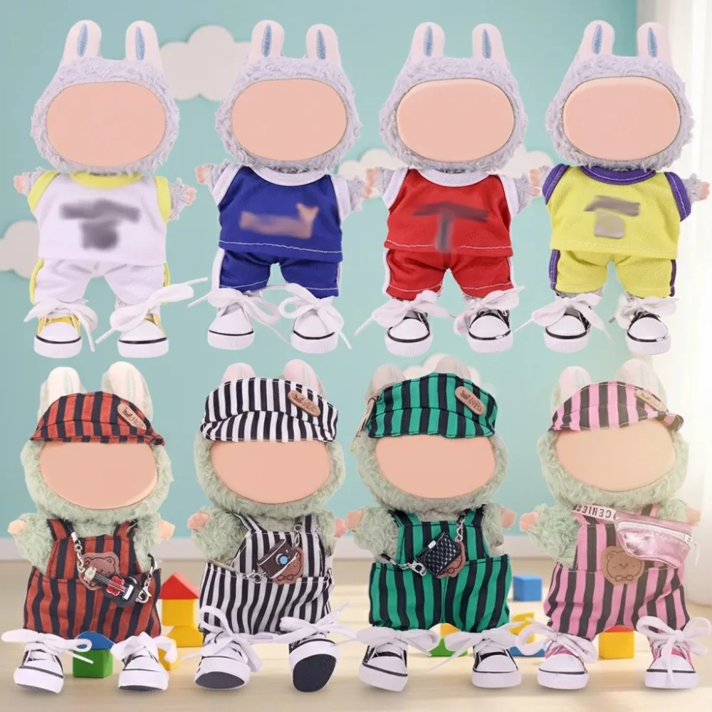 Doll Sportswear Set Striped Hat+Overalls Cute Outfit For Labubu 17CM Plush Doll Clothes/Accessories,Birthday Gift Kid Toy DIY