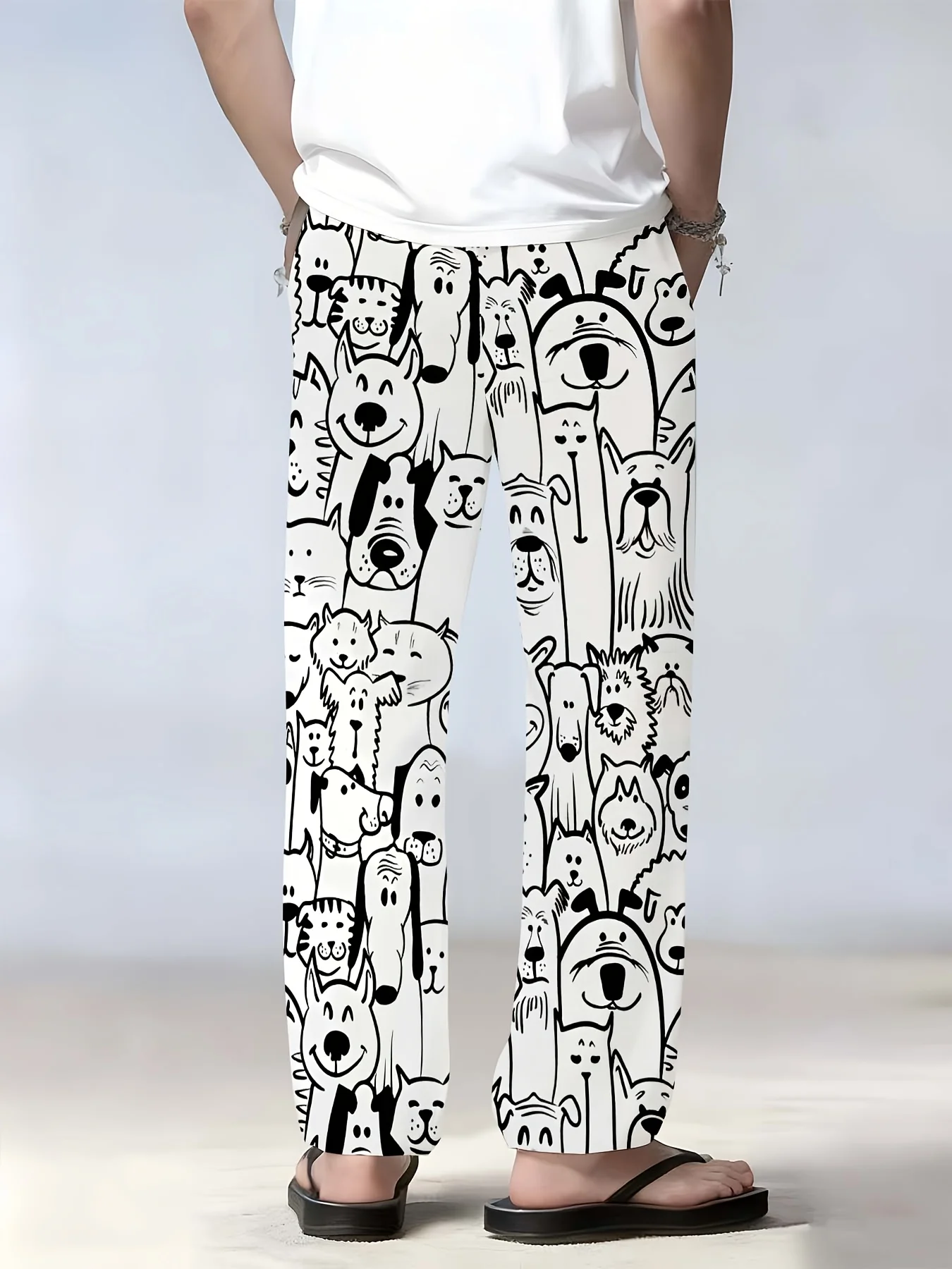 Men's Fashion Casual Home 3D Print Drawstring Pocket Black and White Puppy Novelty Long Pants
