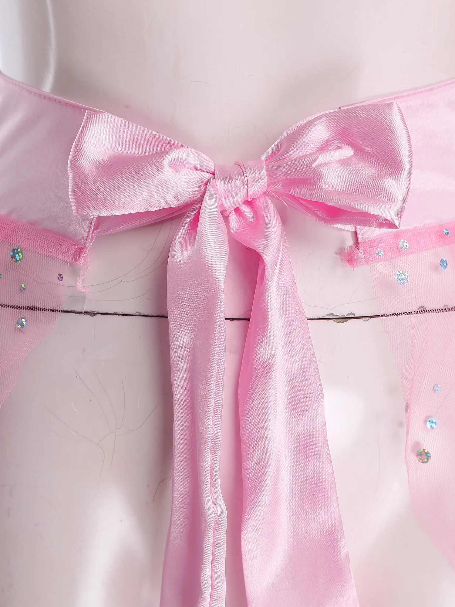 Women Sheer Tulle Belly Dance Hip Scarf Ruffles Sequin Tiered Split Hem Satin Belt Waist Skirt Chacha Latin Tango Dance Costume