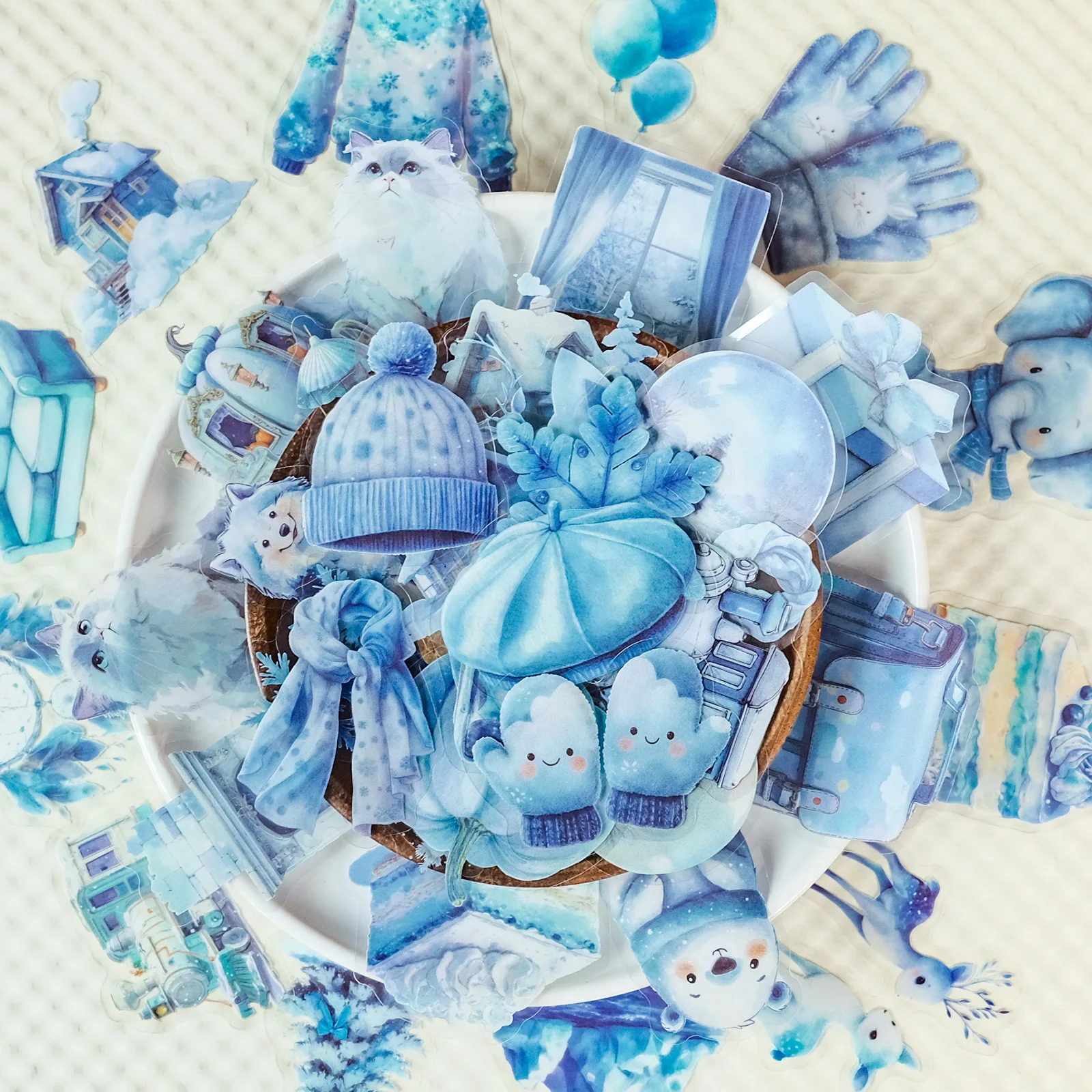 Autocollants en PET transparents Miracle bleu hiver, 56 pièces, gants de bonhomme de neige, boules de cristal, revêtement mixte, papeterie corbeau