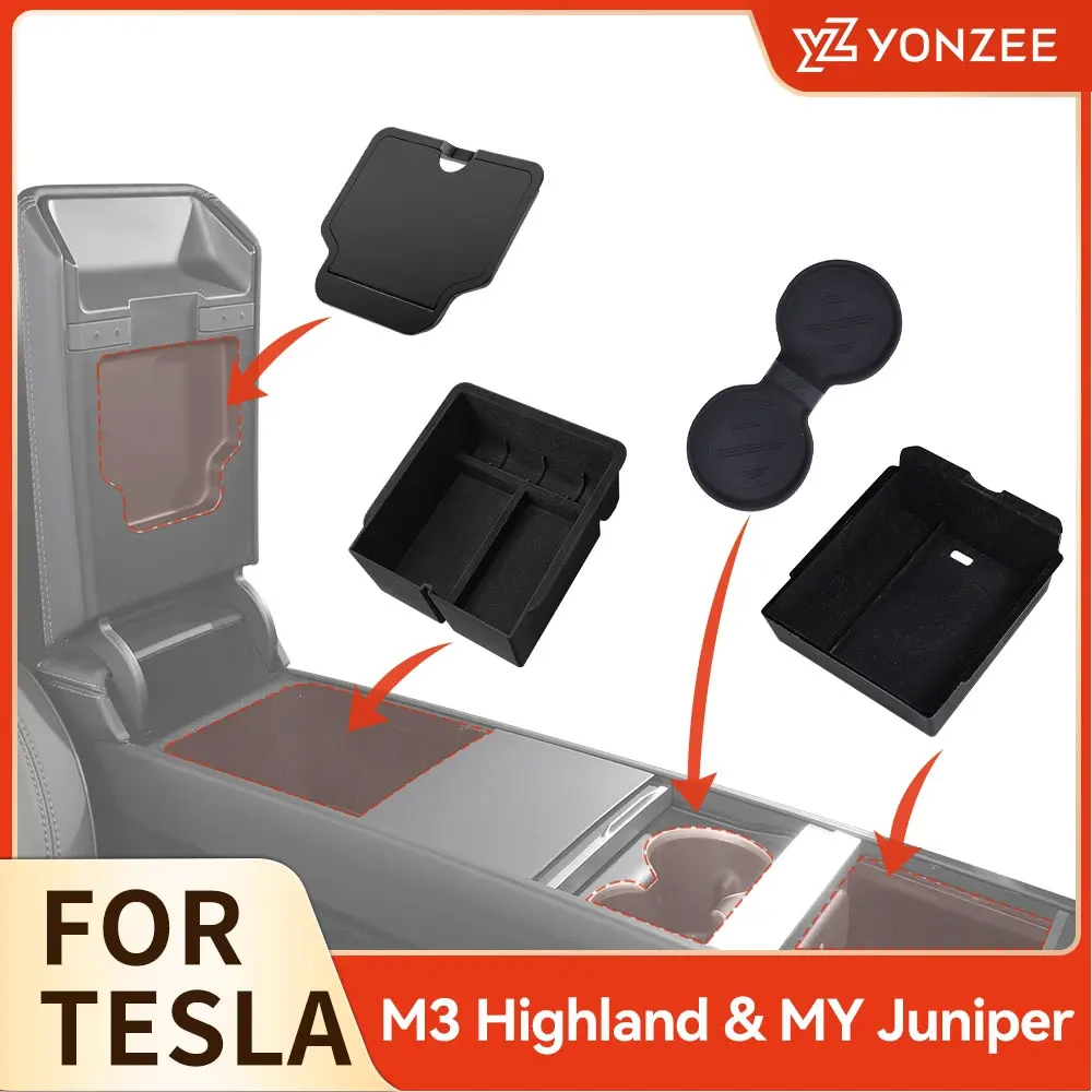 For Tesla Model 3 Highland 2025 Model Y 2021-2025 Center Armrest Hidden Storage Box Cup Holder Console Organizer Box Accessories