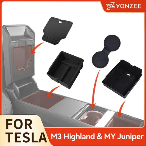 For Tesla Model 3 Highland 2025 Model Y 2021-2025 Center Armrest Hidden Storage Box Cup Holder Console Organizer Box Accessories