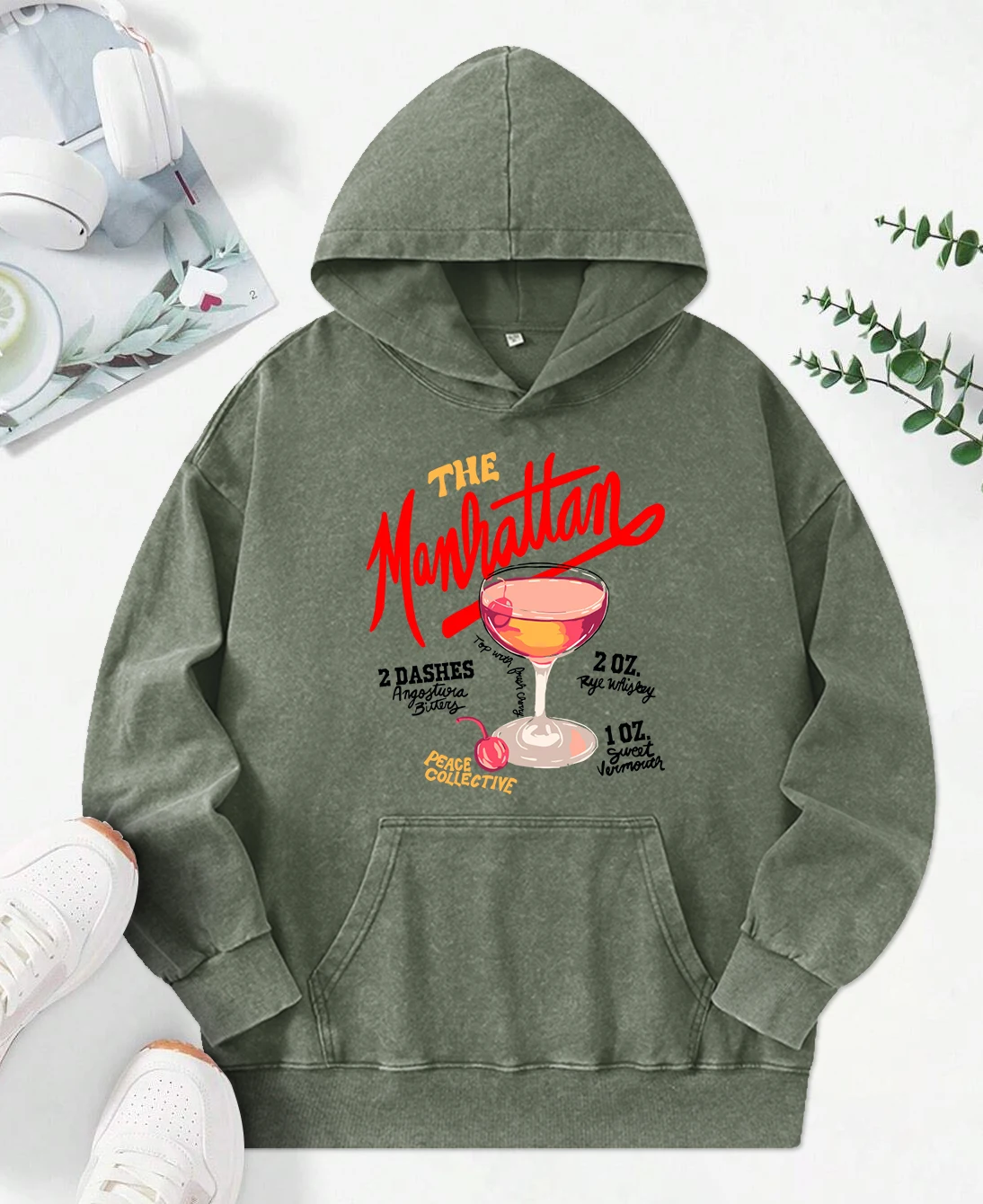 The Manhattan Cherry Cocktail Print Washed Hoody Women Y2K Hip Hop Clothing Casual Cotton Hoodie Autumn Oversize Pullover Female