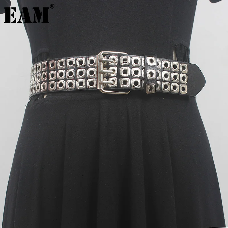 

[EAM] Pu Leather Black Rievt Thick Long Wide Vintage Belt Personality Women New Fashion All-match Spring Autumn 2024 1DH6357
