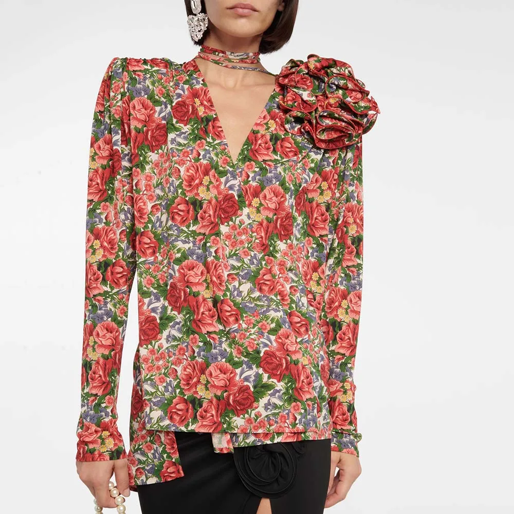 

2024 Spring & Summer New Women's Shirt Y2K Stereoscopic Flower Decoration Fashion Floral Printing V-Neck Long Sleeve Blouse Tops