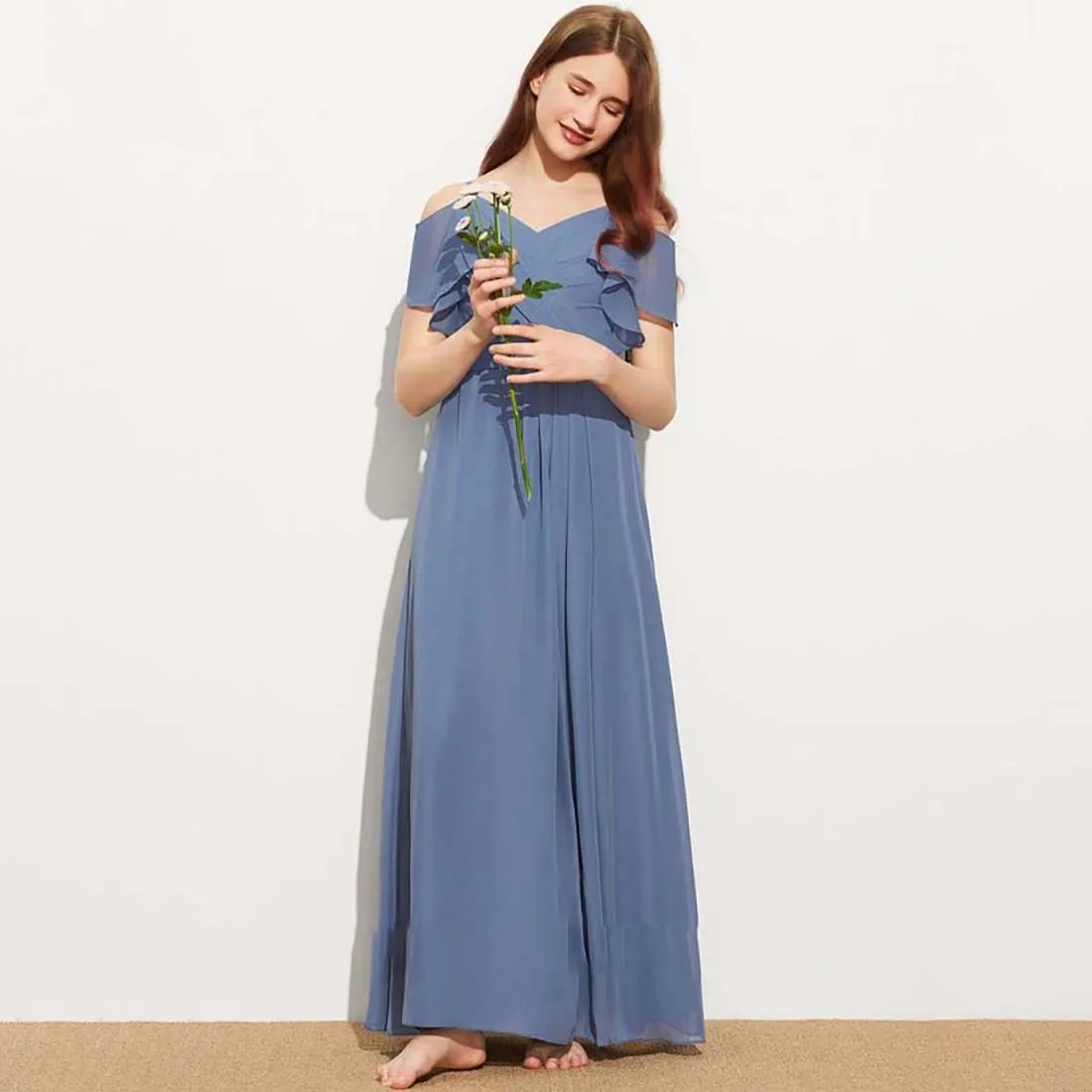 YZYmanualroom Chiffon Junior Bridesmaid Dress A-line Cold Shoulder Floor-Length 2-15T