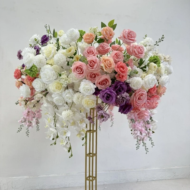 White Pink Purple Hanging Roses Wedding Table Arrangement Artificial Large Table Flowers Wedding Decorations