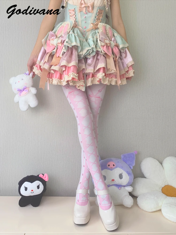 Original Lolita Pink Striped Print Velvet Pantyhose Women's Catwalk Cosplay Magic Girl Anime Socks Sweet Stockings