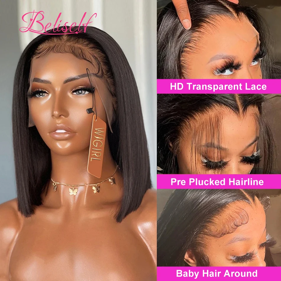 Wig Bob pendek rambut manusia 13x4 Wig renda Frontal Wig Bob lurus Brasil ketebalan 250 13x4 Wig rambut manusia renda penuh Beliself