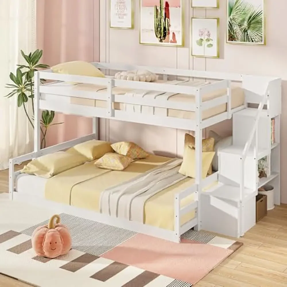 Twin Over Full Bunk Bed Solid Wood Floor Storage Stairs Guardrails Low Bunk Bed Pine Wood No Box Spring Needed White Color Space