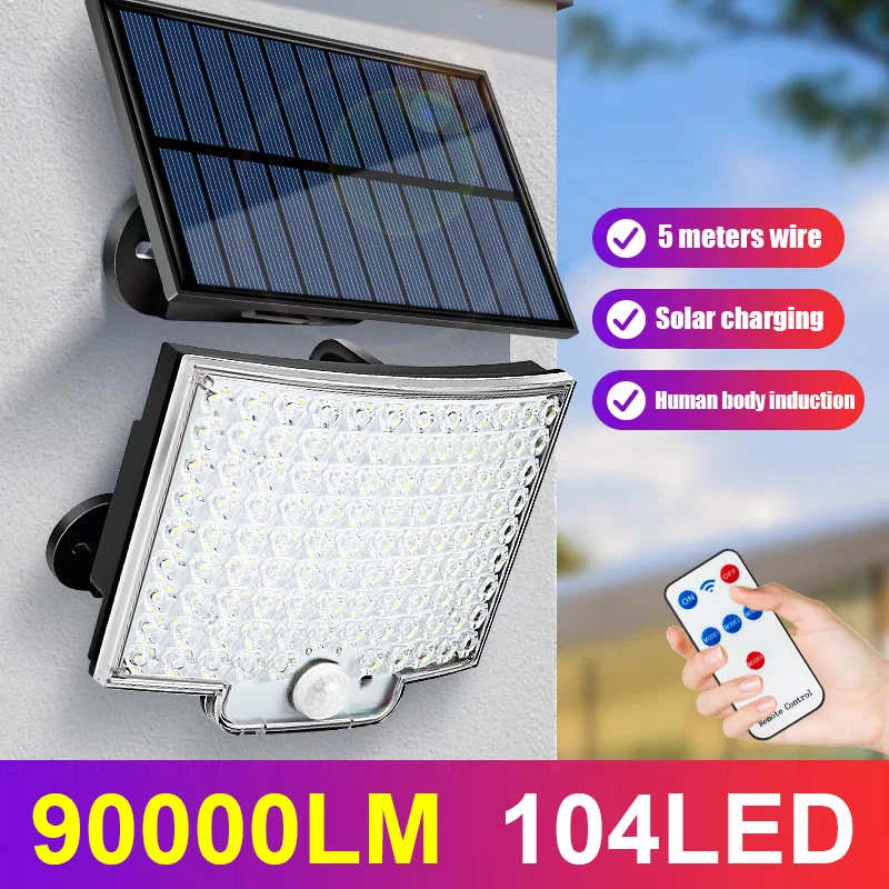 

90000LM Outdoor Solar Light Motion Sensor with 5m Wire Waterproof Outdoor Solar Spotlight Wall Garden Street External Solar Lamp