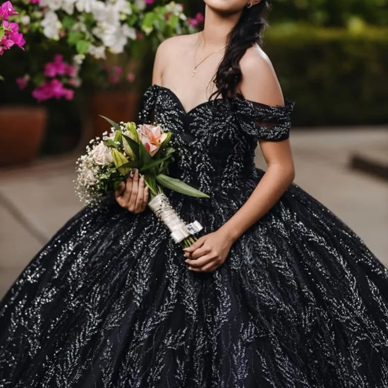 Vestidos De quinceañera negros brillantes personalizados con hombros descubiertos, calcomanía De lentejuelas, Vestido De cola larga De encaje, 15 quinceañera