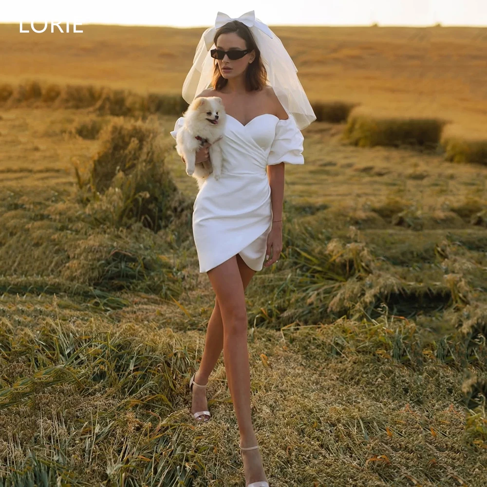 

LORIE Chic Mini Wedding Dresses Pleats Off The Shoulder Bride Prom Gown Sexy Sheath Puff Sleeves Bridal Gowns Customized