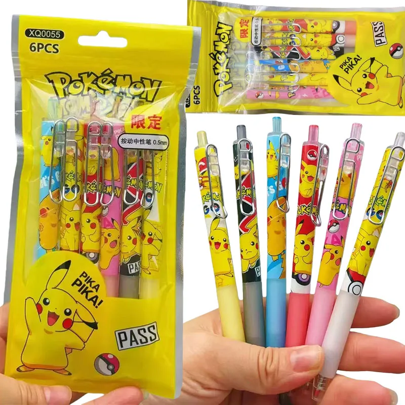 

6PCS Pikachu Gel Pens Cartoon Anime New Black Water Ink Black 0.5mm Cute Signature Pen Office Stationery Student School Supplies
