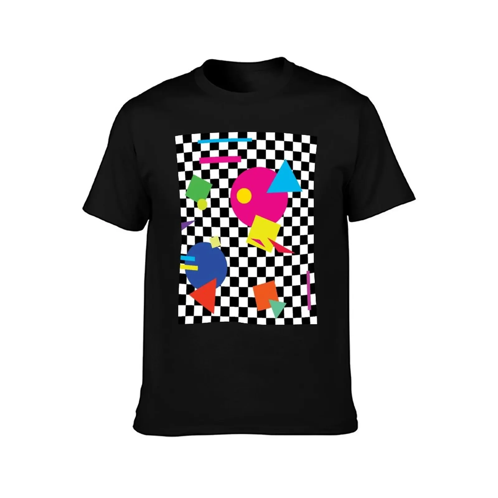 Retro Classic 1980s Shapes On Black and White Check - Retro Shapes #1 T-Shirt cheap stuff street wear mens plain t shirts