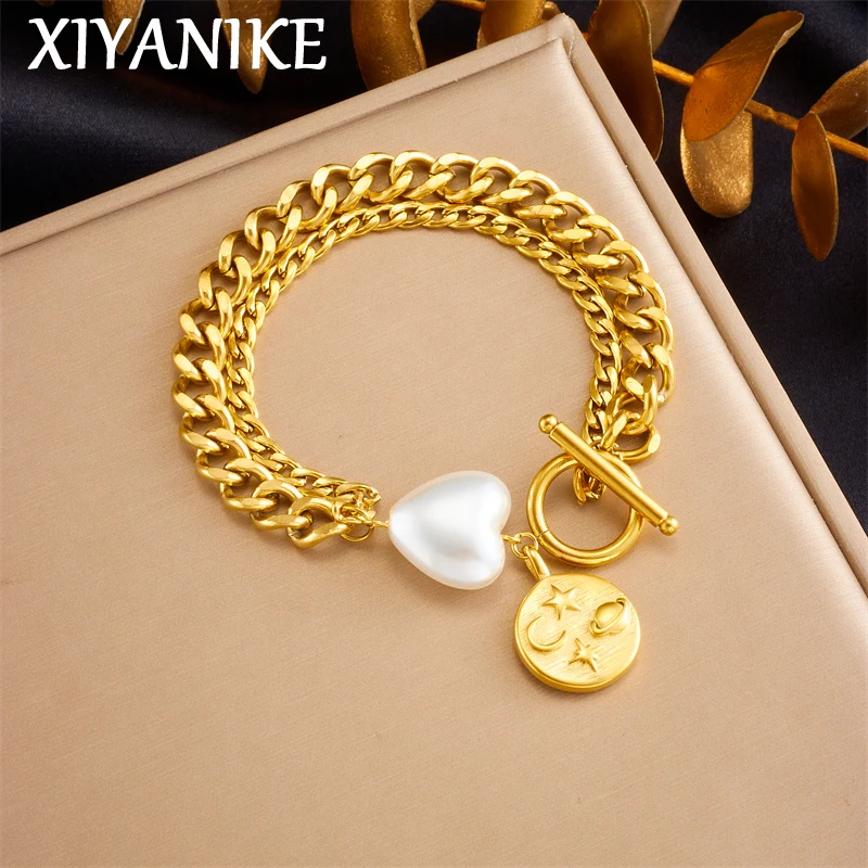 XIYANIKE 316L Stainless Steel Gold Color Moon Star Charm Bracelet for Women Girl Fashion Heart Shaped Bangle Jewelry Gifts Party