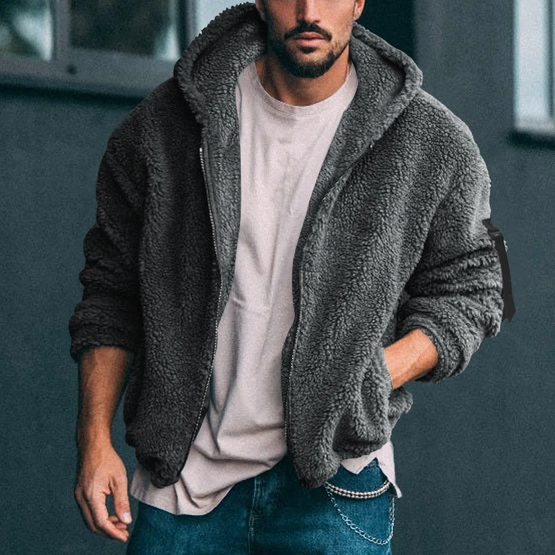 Fall Winter Men\'s Coat With Hat Double Sided Arctic Velvet Turn Down Collar Loose Plush Warm Male Hooded Coat Jacket Zip jacket