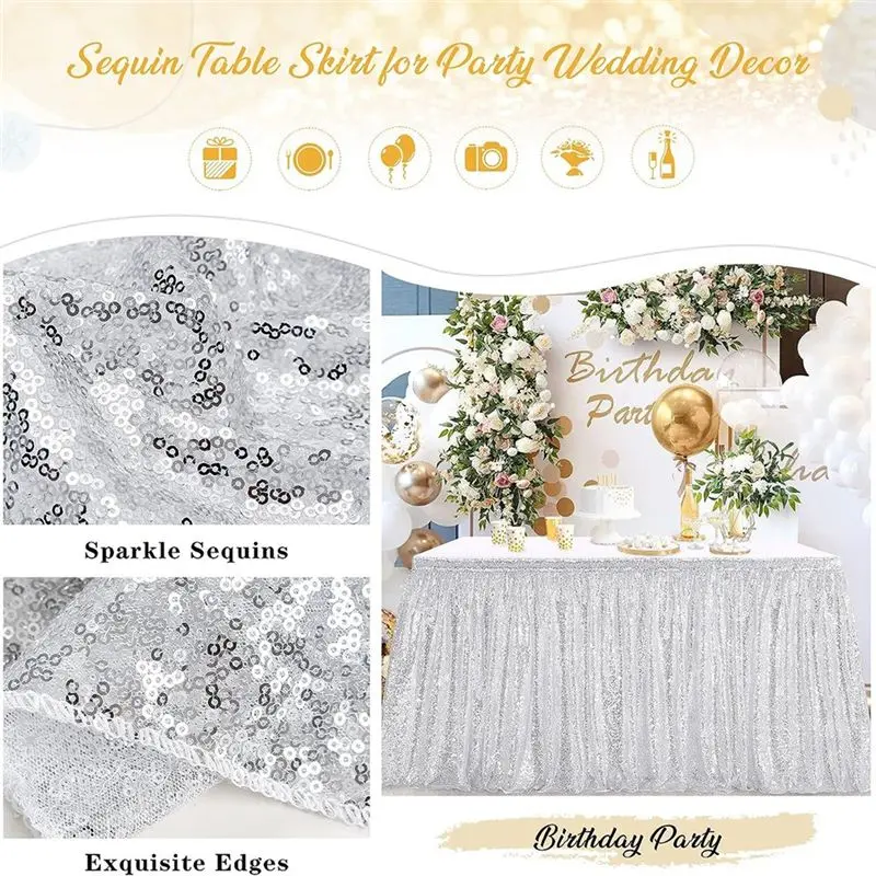 

HITL 6Ft Table Skirt for Round Rectangle Square Table Sequin Tablecloth for Birthday Party Family Baby Shower Silver
