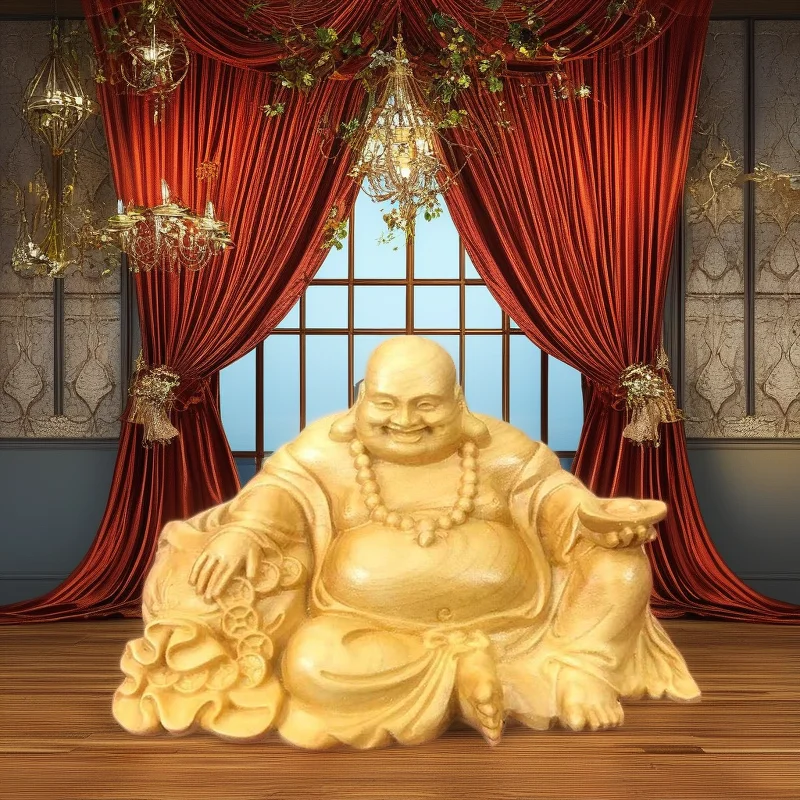 

Natural Cypress Ingot Maitreya Buddha Statue Chinese characteristic wood carving Home, Room, Office, God of Wealth Accessories