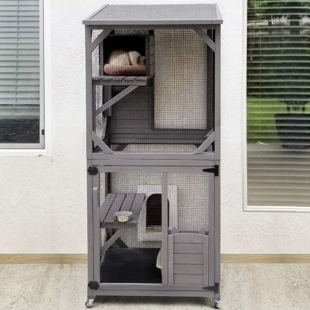 Cat House Outdoor Cage Cat Enclosure on Wheels Large Wooden Kitty Catio with Resting Box PVC Layer  Cat House Outdoor