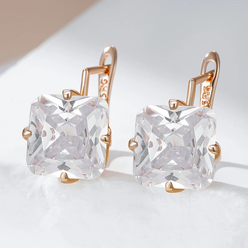 Kinel Hot Big Square English Earrings For Women Fashion 585 Rose Gold Color Shiny White Natural Zircon Accessories Daily Jewelry