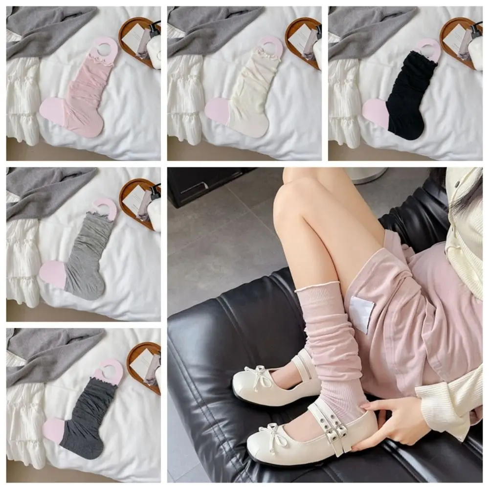 

3Pairs Ballet Style JK Calf Long Socks Ultra-Thin Ruffle Mid-tube Stocking Solid Color Japanese Style Knee High Socks Spring