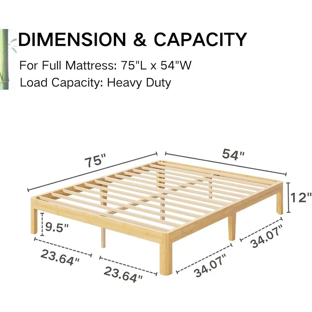 Durable Full-Size Bamboo Bed Frame with Metal Slats, Platform Style, No Box Spring Required, Easy Assembly
