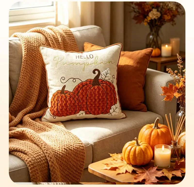 Thanksgiving Kürbis-Stickerei Kissenbezug Cojines Vintage Sofa-Kissenhülle Atmosphärische Heimdekoration Kissenbezüge – Detail 9