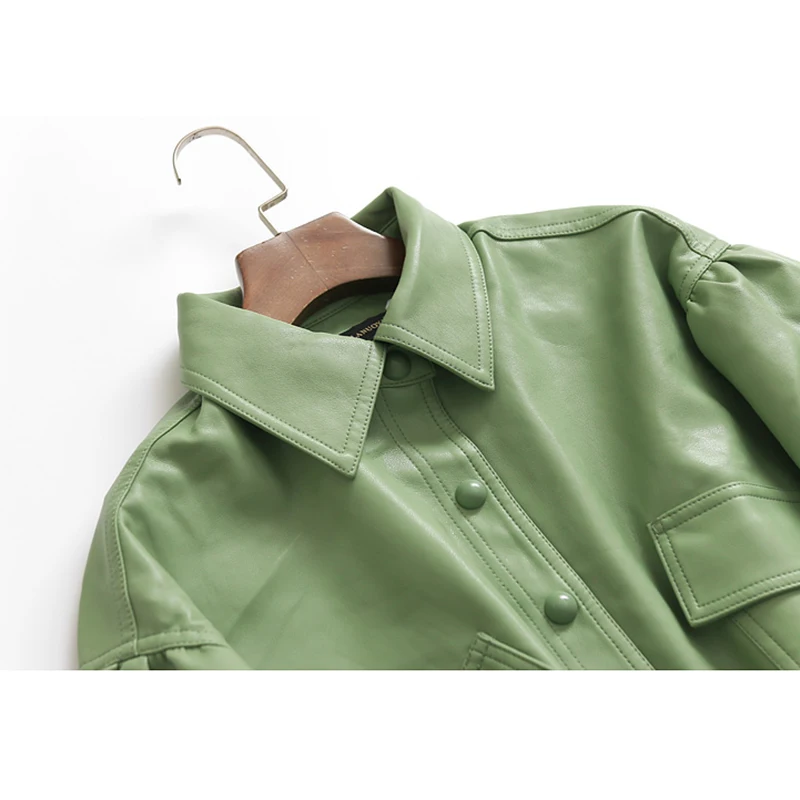 Chaquetas cortas de cuero PU para mujer, abrigos sueltos de motorista, chaqueta de cuero con cordón de una sola botonadura, color verde, Otoño e Invierno