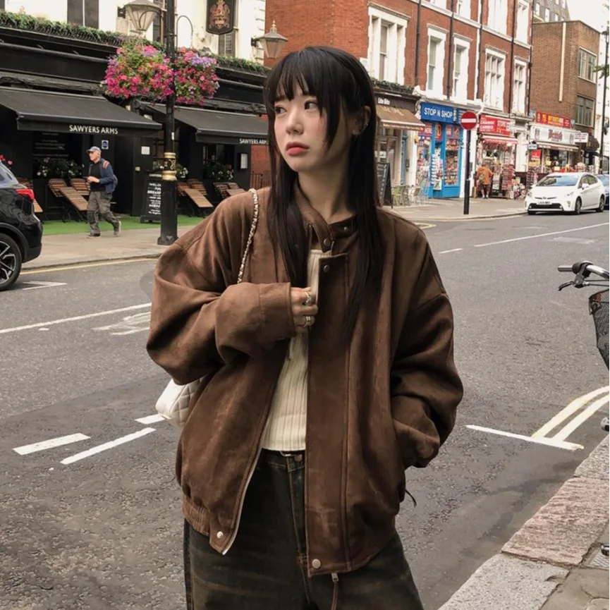 Chaqueta holgada de manga larga de ante con cremallera y cuello medio alto elegante Otoño/Invierno de Corea del Sur