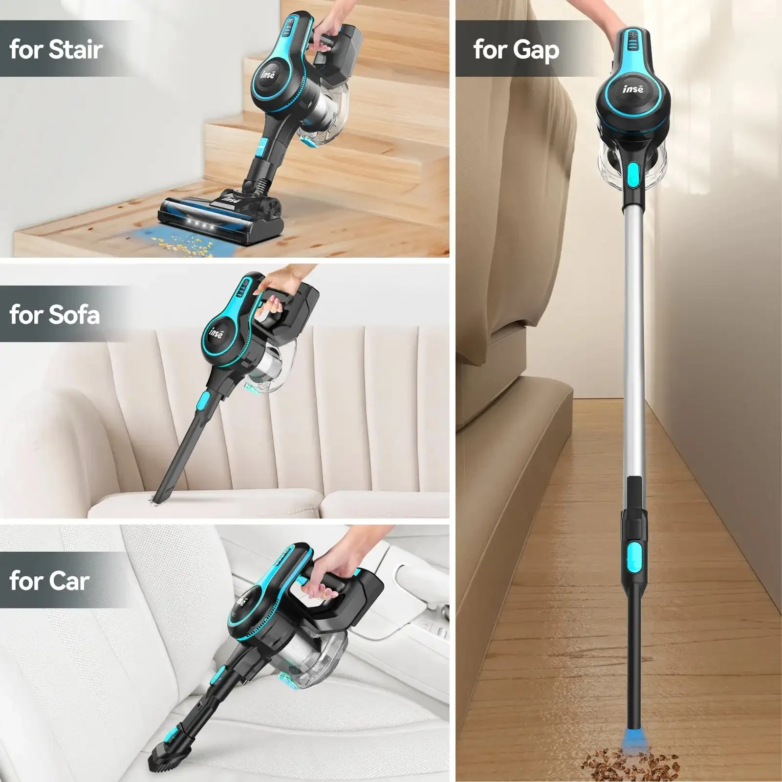 INSE N520 Cordless Vacuum Cleaner Lightweight 6-in-1 Rechargeable Stick Vacuum 28kPa with 45min Runtime for Home Pet Hair Floor