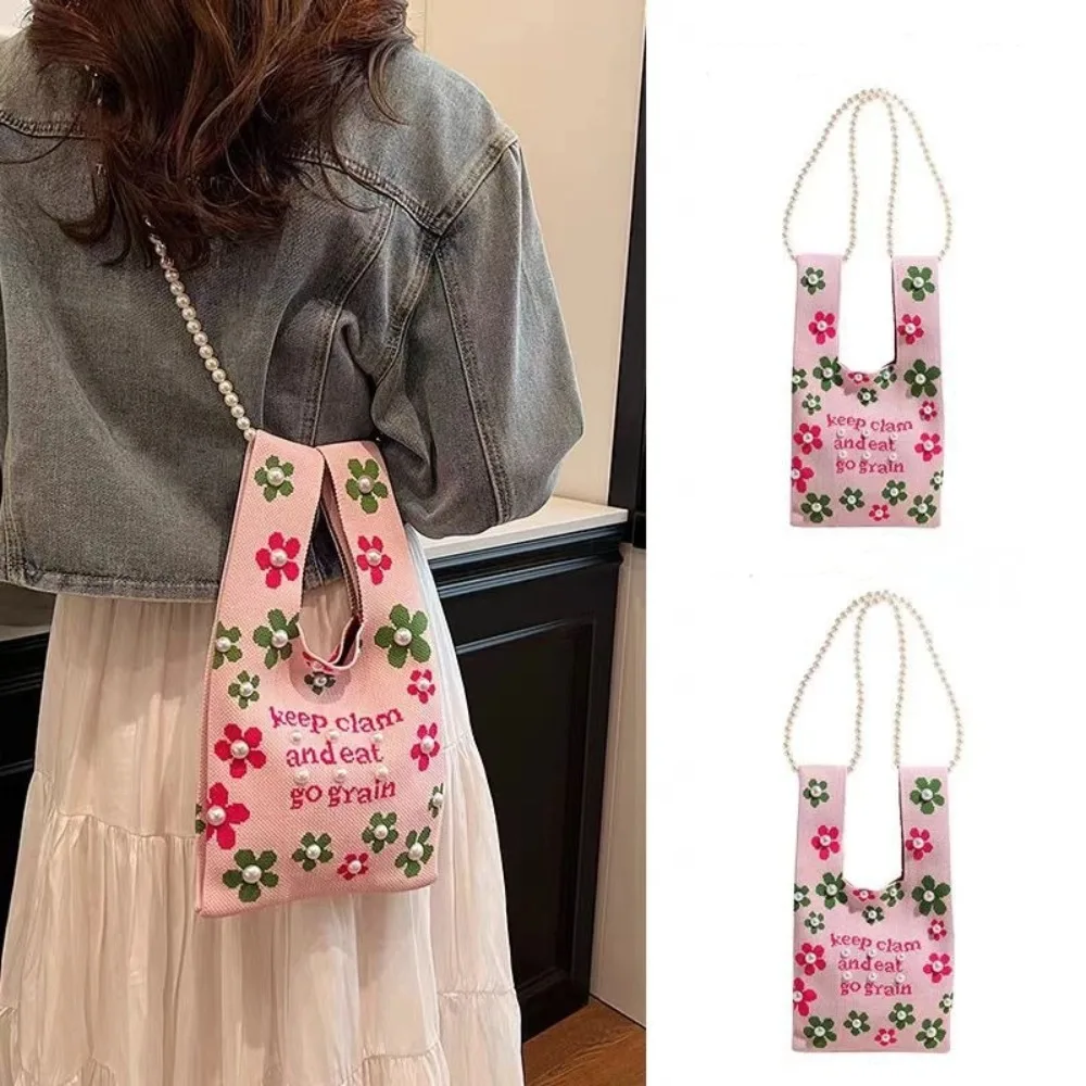 

Модная сумка на запястье с жемчужной цепочкой и узлом, большая вместительная вязаная сумка ручной работы, портативное ведро для женщин