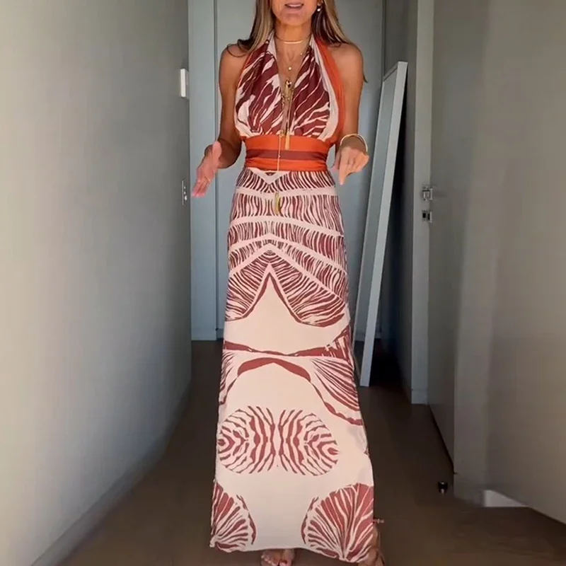 LIBIELIY Fashion Side Split Sleeveless Beach Dresses Sexy Halter Deep V-neck Bohe Long Dress Women Elegant Pattern Print Slim P
