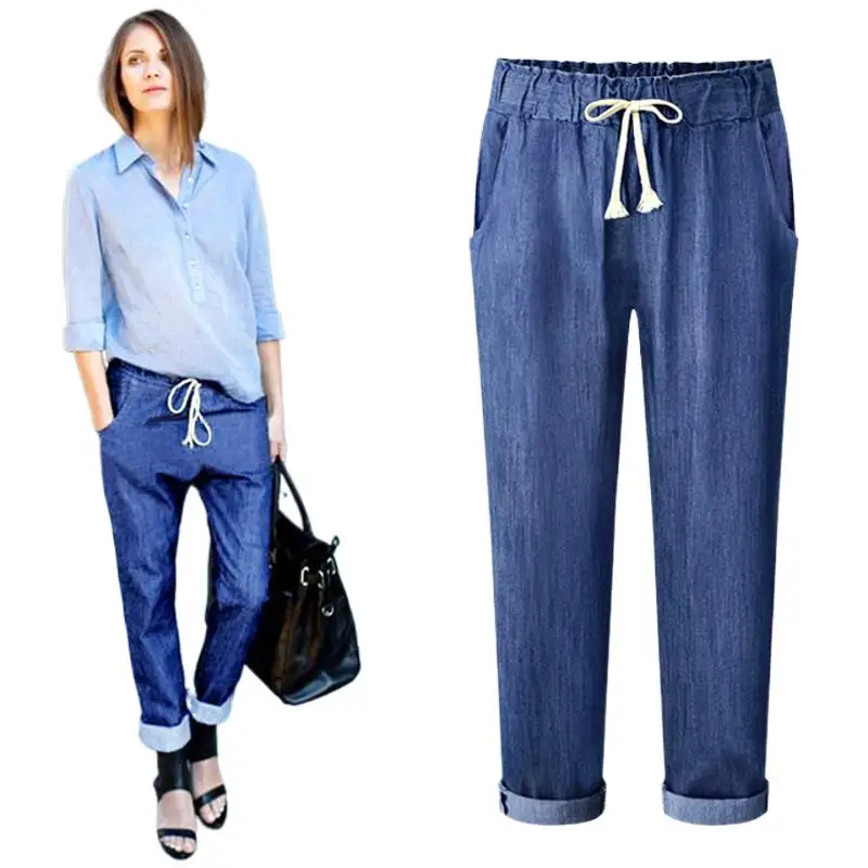 

2024 Women Denim Long Pants Summer Loose Casual AnkleLength Pencil Pants Elastic Waist Slim Trousers Maxi Fashion