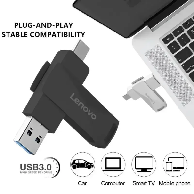 Lenovo-Type C USB Flash Drive, Disco de Memória, Pendrive, Disco de Memória, Chaveiro Livre para PC, OTG, 2 em 1, 128GB, 1TB, 2TB