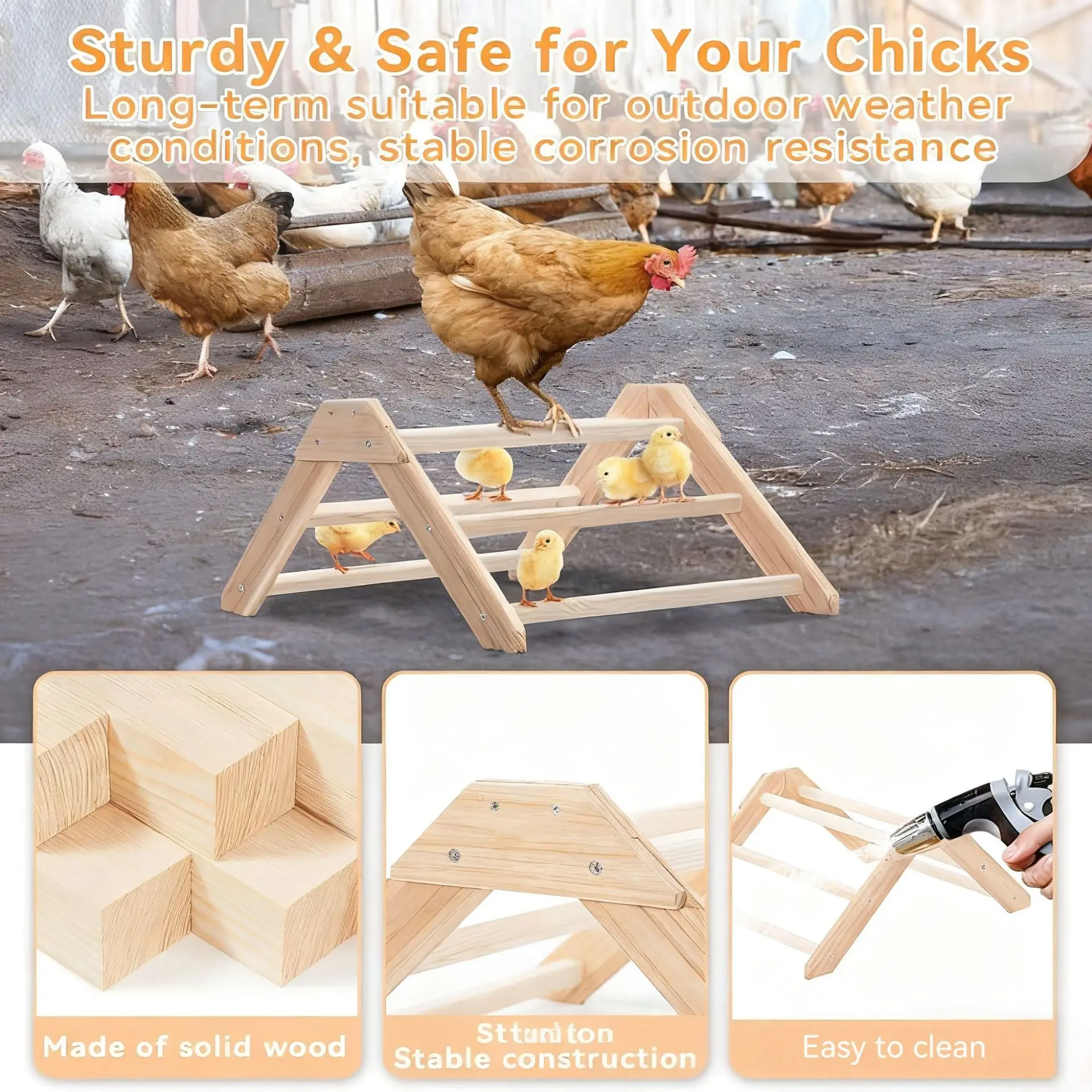 

Triangular Detachable Wooden Chicken Perch, Anti-Rotation Poultry Rest Stand, Outdoor Chick Training Station