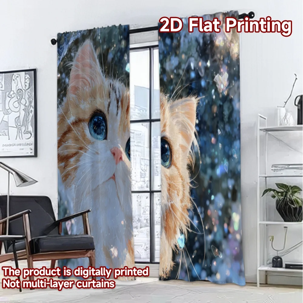 2D Flat Printing,2pcs Cute Kitten with Sparkles Chic Curtains&Drapes 100% Polyester Curtains Outdoor Decorations Use for