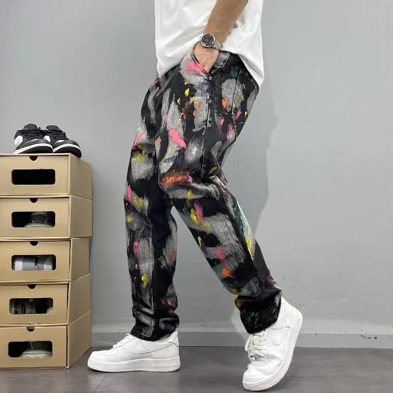 شخصية رسمت الكتابة على الجدران الطباعة صالح مستقيم الجينز الرجال فضفاض مايكرو مدبب بنطلون شارع العليا المألوف Ruoshuai