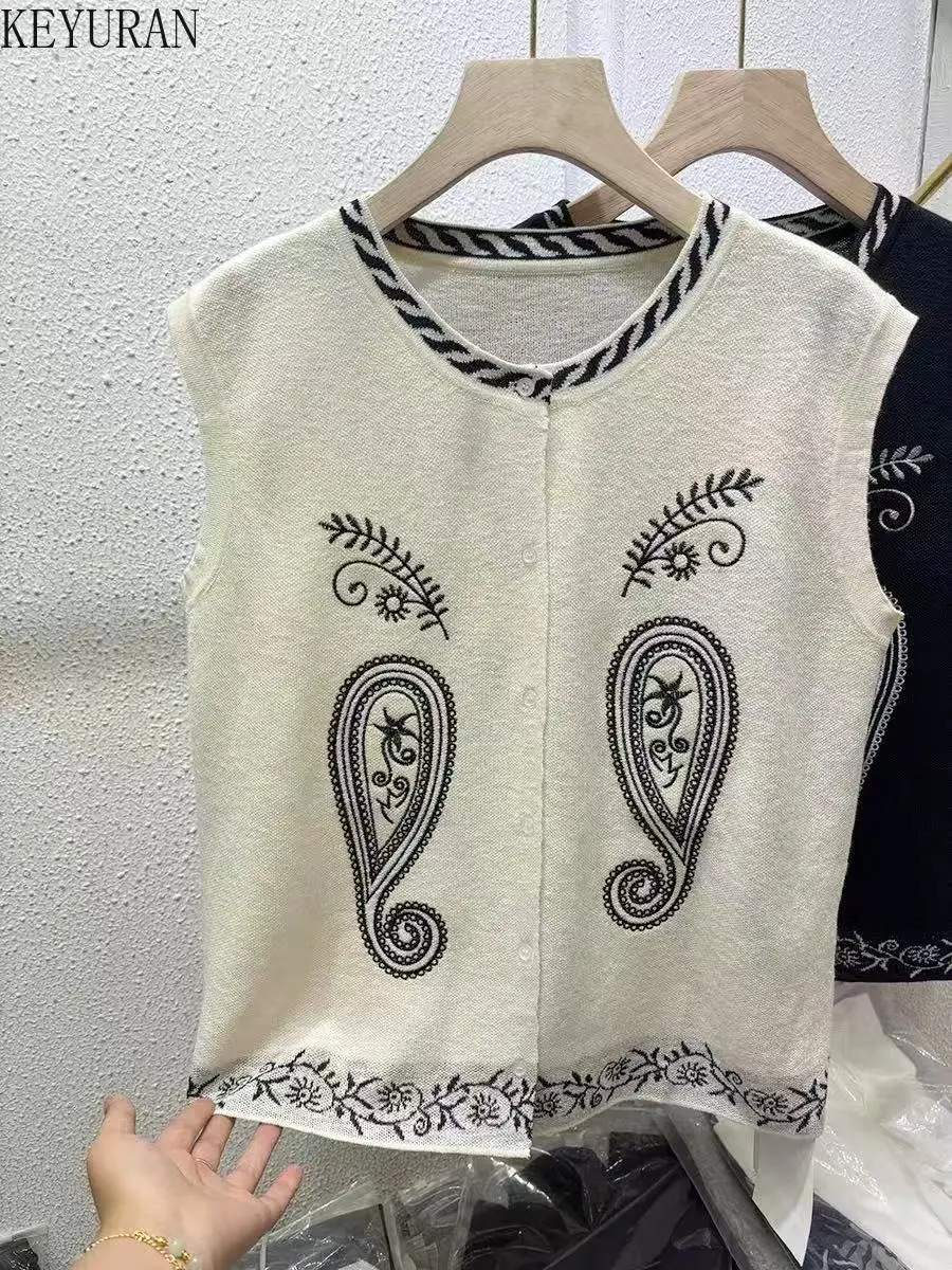 

Вязаный кардиган из ледяного шелка с вышивкой, свитер, жилет для женщин, лето 2021, новый европейский винтажный трикотаж без рукавов с круглым вырезом, женские топы