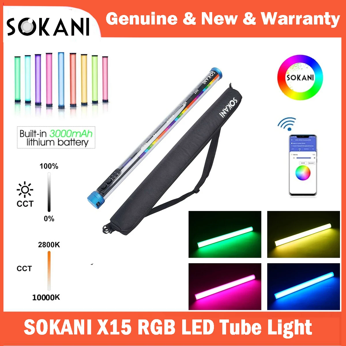 SOKANI X15 RGB 15W LED Light Stick Tube Light Wand Tube Stick Video Soft Light APP Control 3000mAh for YouTube Tiktok Video Vlog