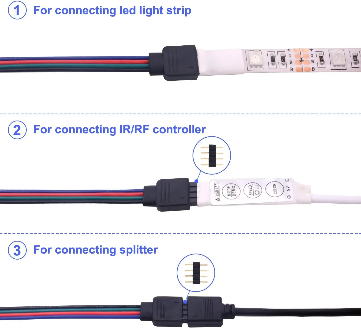 5050 LED RGB Strip Light Connector 4 Pin Conductor 10mm Strip to Controller Jumper Solderless Clip On Pigtail Power Adapter