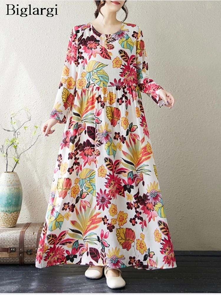 Robe longue plissée à volants pour femmes avec imprimé floral, robes respirantes pour femmes, manches longues, robe trapèze décontractée, mode automne