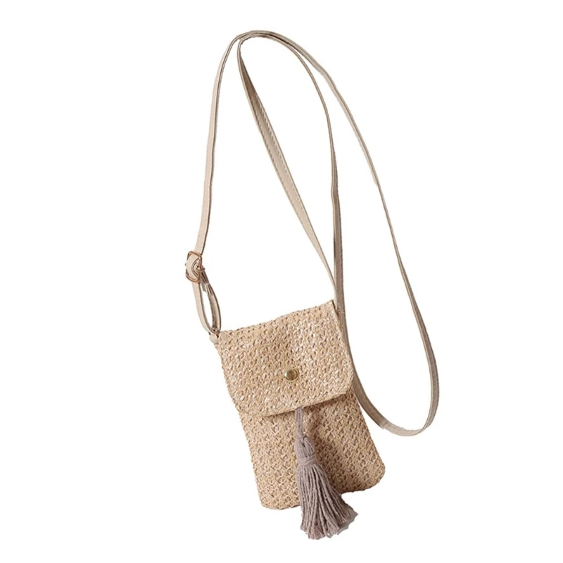 E74B Woven Straw Phone Bag with Adjsutable Strap and Tassels Shoulder Crossbody Purse Wallet for Women Beach and Travel