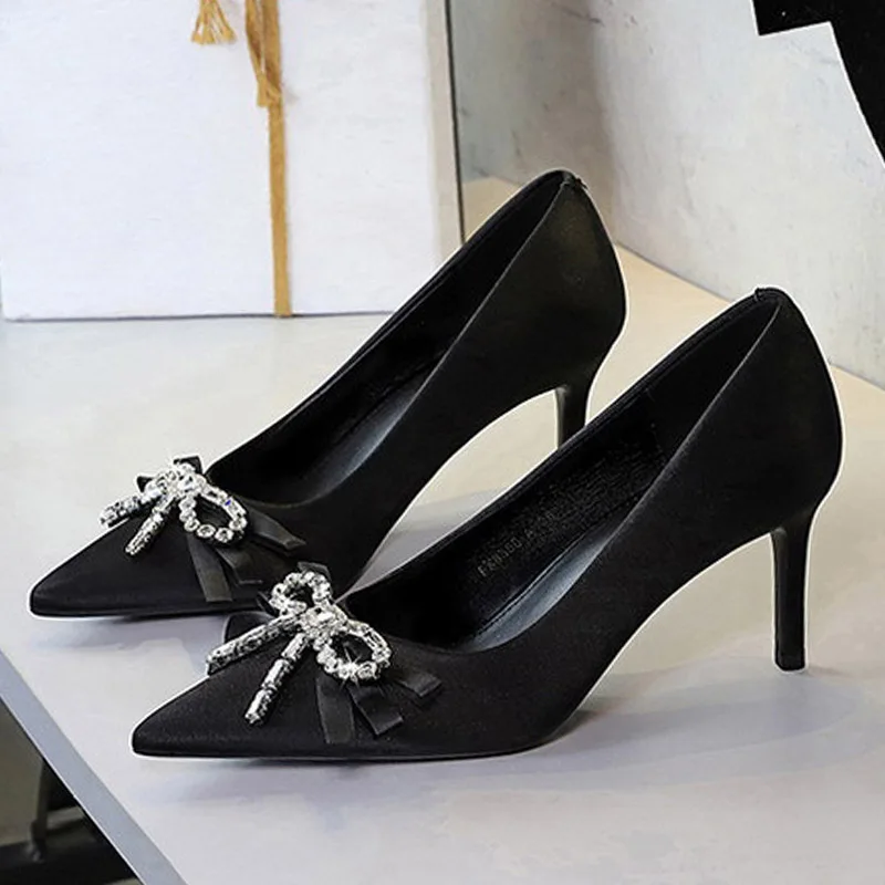 BIGTREE CRYSTAL Diamond Butterfly-knot Satin Pointed Toe Women's Pumps Sexy Thin High Heels Party Prom Mule Shoes view 3