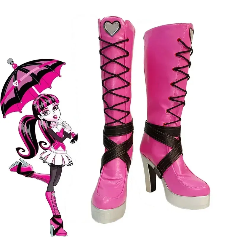 Anime Monster High Draculaura Cosplay Sexy botas largas de cuero de tacón alto para mujer Halloween carnaval fiesta juego de rol zapatos peluca