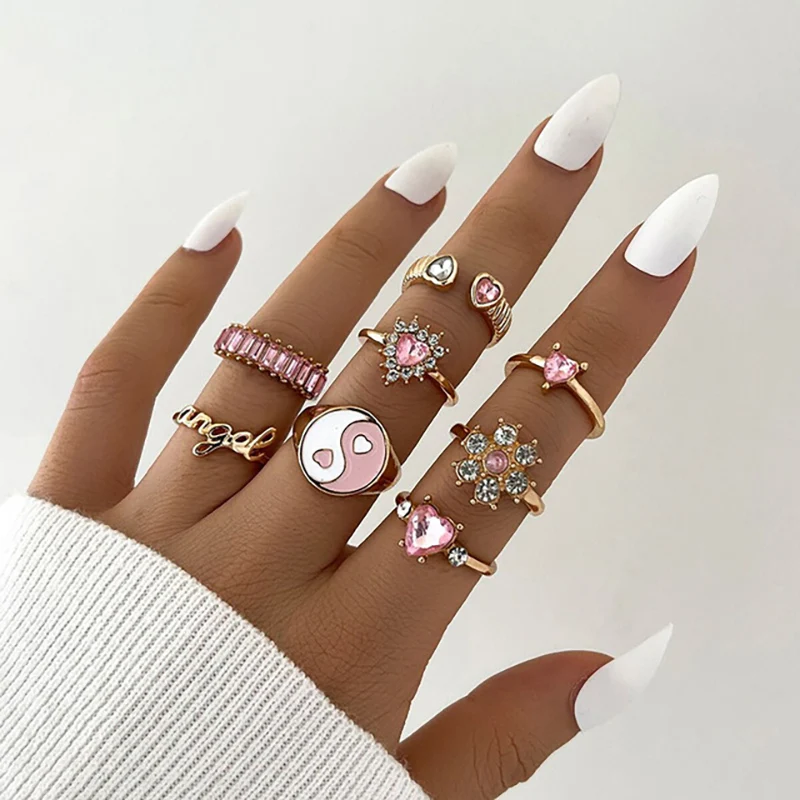 Fashion Pink Crystal Heart Ring Set For Women Enamel Yin Yang Angel Open Rings Teen Girls Unusual Jewelry Gift